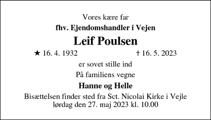 Dødsannoncen for Leif Poulsen - Vejle