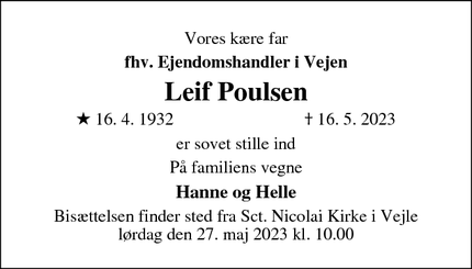 Dødsannoncen for Leif Poulsen - Vejle