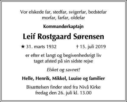 Dødsannoncen for Leif Rostgaard Sørensen - Nivaa