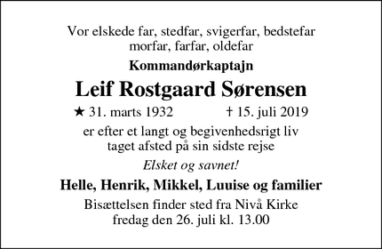 Dødsannoncen for Leif Rostgaard Sørensen - Nivaa