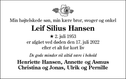 Dødsannoncen for Leif Silius Hansen - Broager