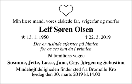 Dødsannoncen for Leif Søren Olsen - Kaldred