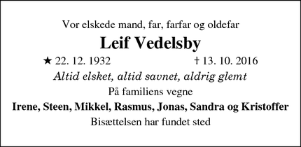 Dødsannoncen for Leif Vedelsby - Søborg