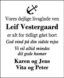 Dødsannoncen for Leif Vestergaard  - Lind, Herning 