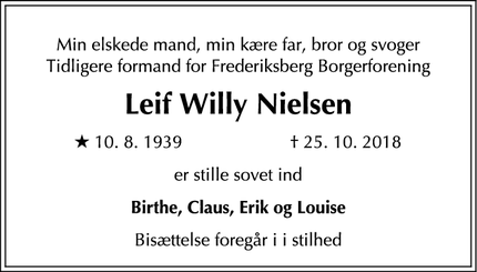 Dødsannoncen for Leif Willy Nielsen - Frederiksberg