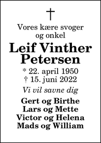Dødsannoncen for Leif Vinther Petersen - Aabybro