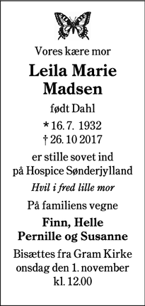 Dødsannoncen for Leila Marie Madsen - Gram