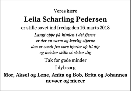 Dødsannoncen for Leila Scharling Pedersen - Ejby, Fyn