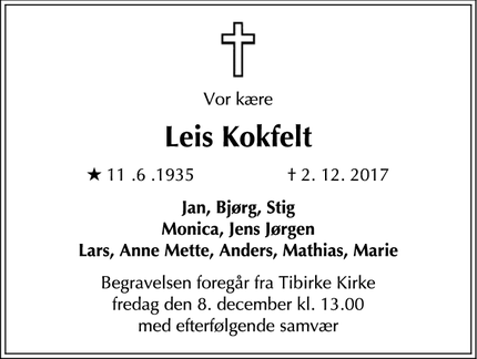 Dødsannoncen for Leis Kokfelt - 2820 Gentofte