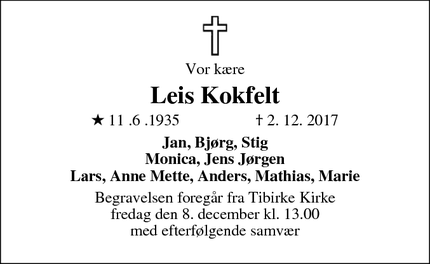 Dødsannoncen for Leis Kokfelt - 2820 Gentofte