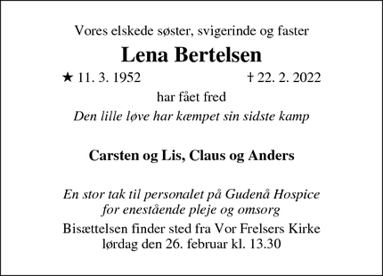 Dødsannoncen for Lena Bertelsen - Horsens