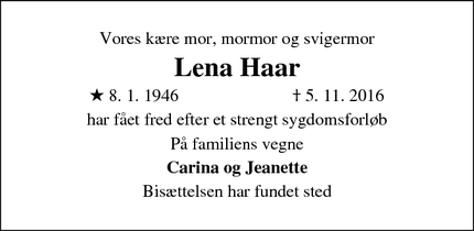Dødsannoncen for Lena Haar - Ballerup