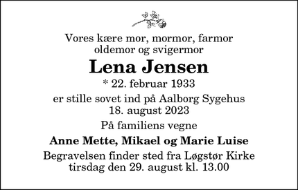 Dødsannoncen for Lena Jensen - Løgstør