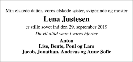 Dødsannoncen for Lena Justesen - Sejet Nørremark (nær Horsens)