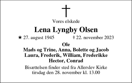 Dødsannoncen for Lena Lyngby Olsen - Lejre 