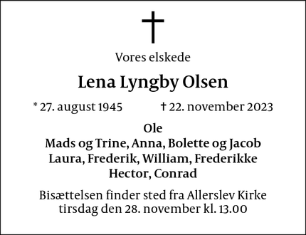 Dødsannoncen for Lena Lyngby Olsen - Lejre 