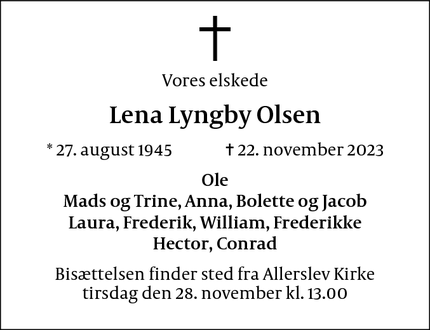 Dødsannoncen for Lena Lyngby Olsen - Lejre 