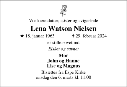 Dødsannoncen for Lena Watson Nielsen - Espe