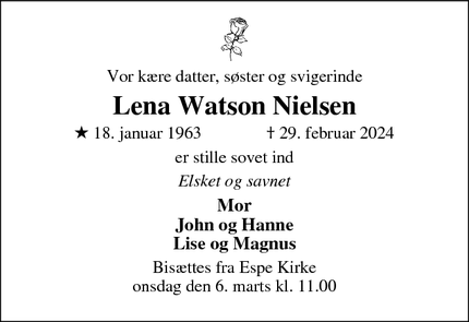 Dødsannoncen for Lena Watson Nielsen - Espe