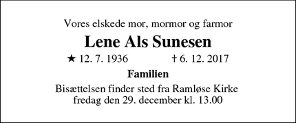 Dødsannoncen for Lene Als Sunesen - Ramløse