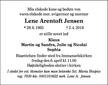 Dødsannoncen for Lene Arentoft Jensen - Kolding