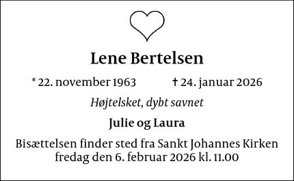 Dødsannoncen for Lene Bertelsen - København N
