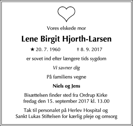 Dødsannoncen for Lene Birgit Hjorth-Larsen - Charlottenlund