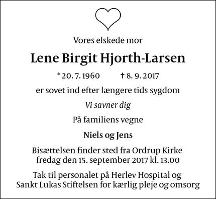 Dødsannoncen for Lene Birgit Hjorth-Larsen - Charlottenlund