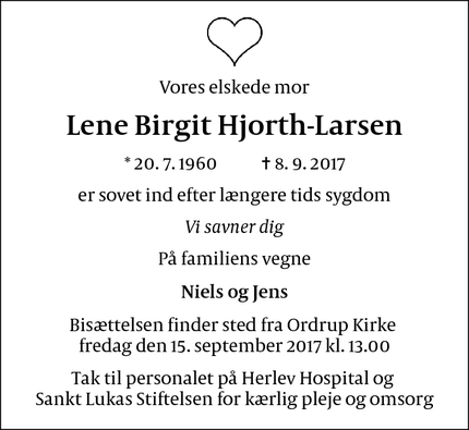 Dødsannoncen for Lene Birgit Hjorth-Larsen - Charlottenlund
