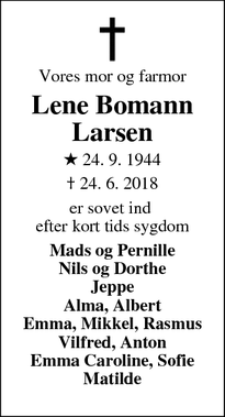 Dødsannoncen for Lene Bomann Larsen  - otterup