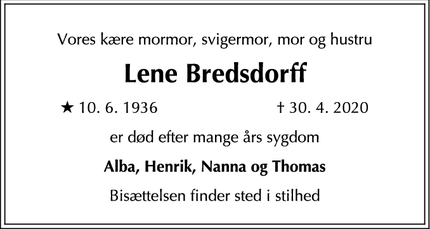 Dødsannoncen for Lene Bredsdorff - København