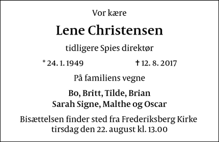 Dødsannoncen for Lene Christensen - 2000 Frederiksberg