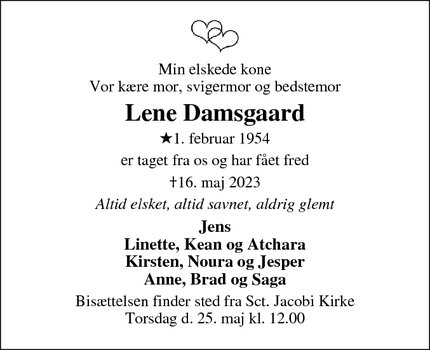 Dødsannoncen for Lene Damsgaard - Varde