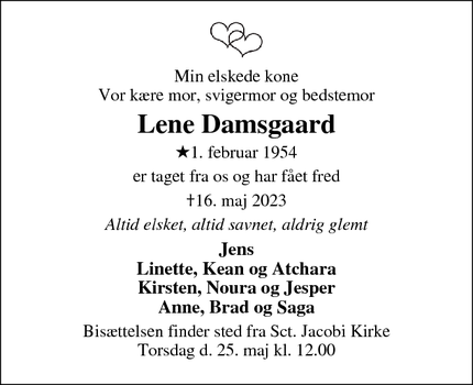 Dødsannoncen for Lene Damsgaard - Varde