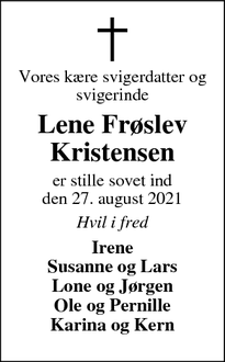 Dødsannoncen for Lene Frøslev Kristensen - Nykøbing M