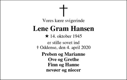 Dødsannoncen for Lene Gram Hansen - Oddense
