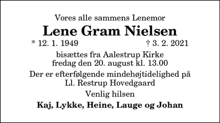 Dødsannoncen for Lene Gram Nielsen - Aalestrup