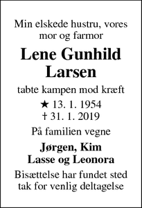 Dødsannoncen for Lene Gunhild Larsen - Dianalund