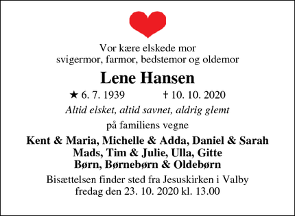 Dødsannoncen for Lene Hansen - Valby