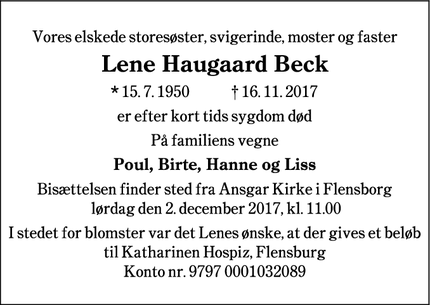 Dødsannoncen for Lene Haugaard Beck - Oeversee, Tyskland 