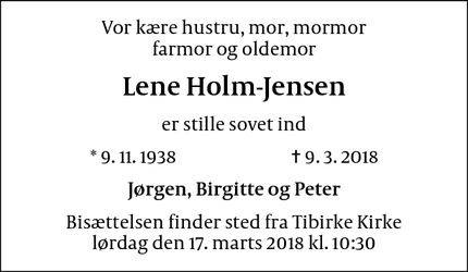 Dødsannoncen for Lene Holm-Jensen - Vejby