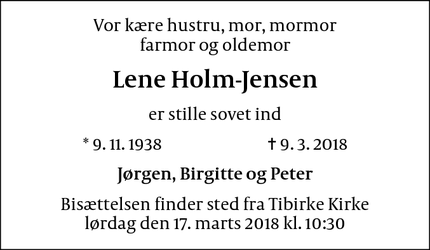 Dødsannoncen for Lene Holm-Jensen - Vejby