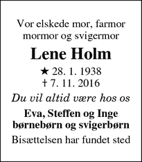 Dødsannoncen for Lene Holm - Kokkedal