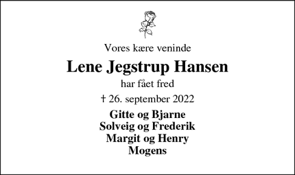Dødsannoncen for Lene Jegstrup Hansen - Ringkøbing