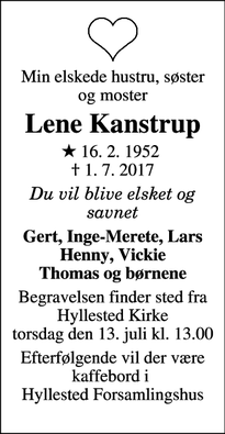 Dødsannoncen for Lene Kanstrup - Haderslev