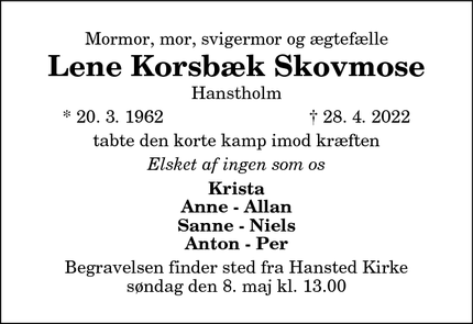 Dødsannoncen for Lene Korsbæk Skovmose - Hanstholm