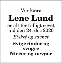 Dødsannoncen for Lene Lund - Hobro
