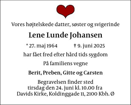 Dødsannoncen for Lene Lunde Johansen - Lynge