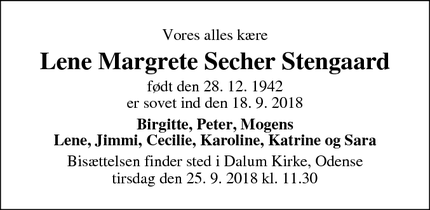 Dødsannoncen for Lene Margrete Secher Stengaard - Odense