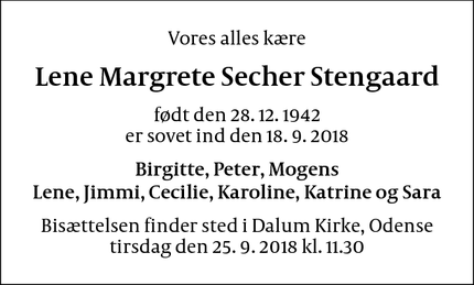 Dødsannoncen for Lene Margrete Secher Stengaard - Odense